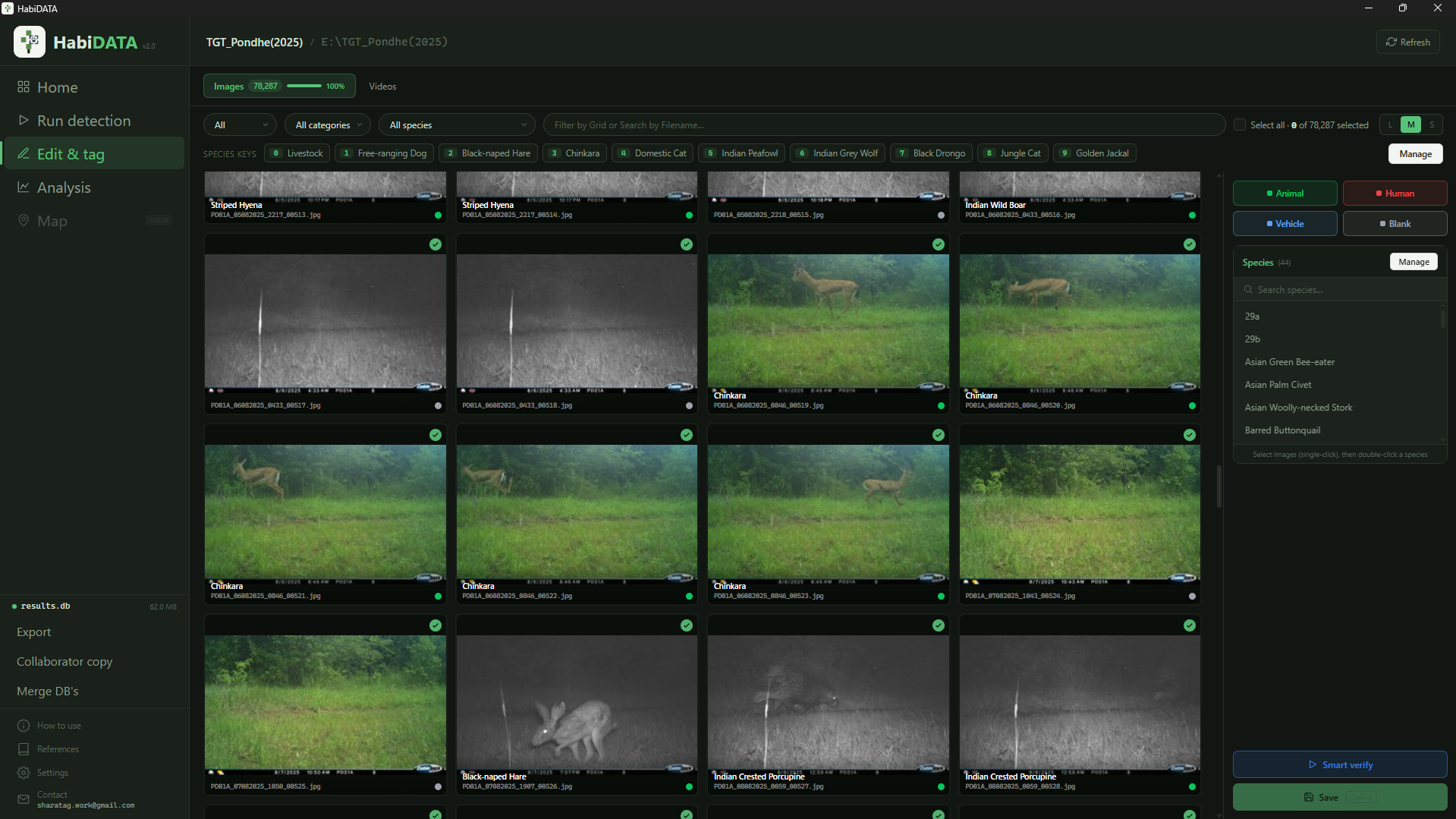 HabiDATA review grid with camera-trap thumbnails, species hotkey bar and batch verify controls