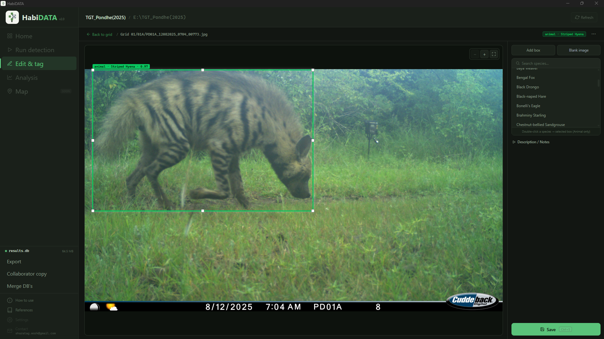 HabiDATA edit screen adding a box from the species list