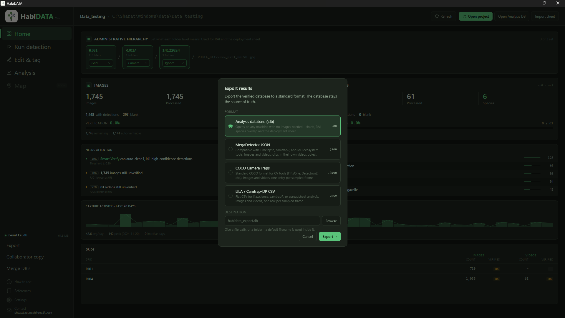 HabiDATA Export screen: standard format export, collaborative database and analysis-only database options