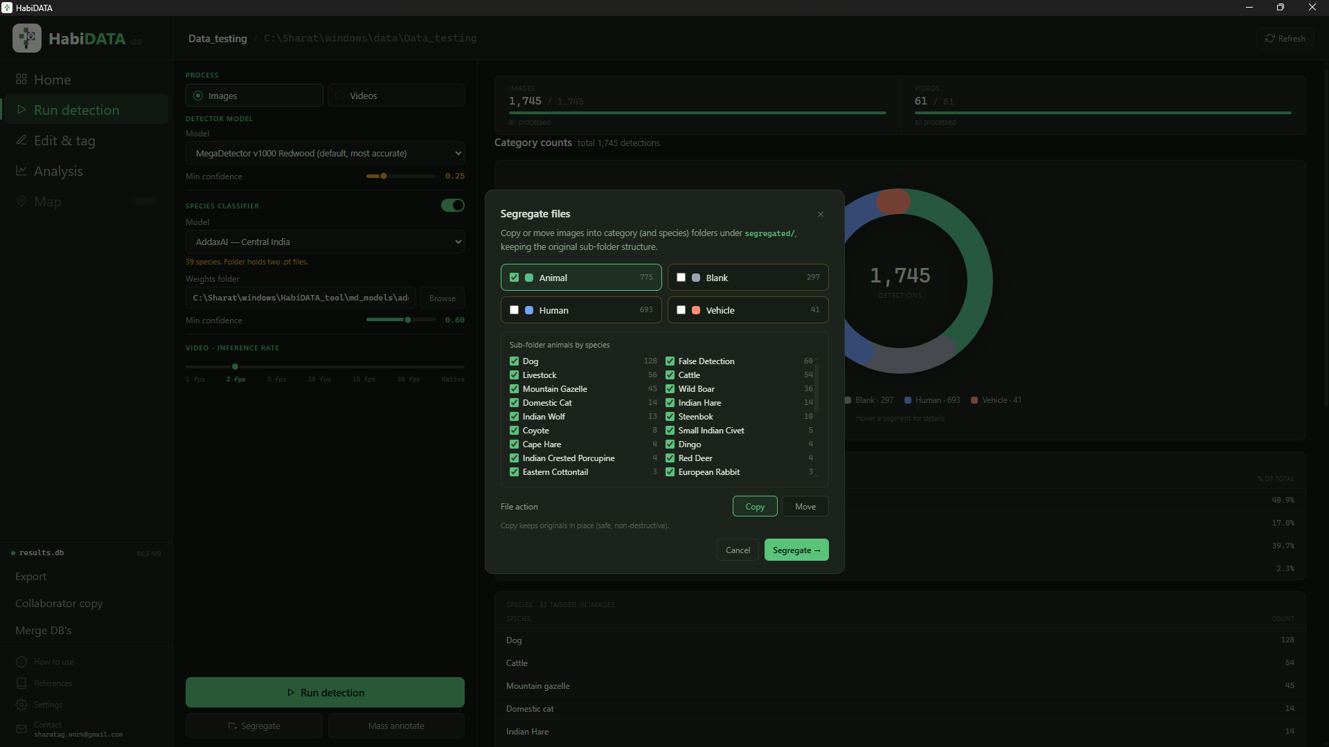 HabiDATA segregate screen sorting detections into folders by category